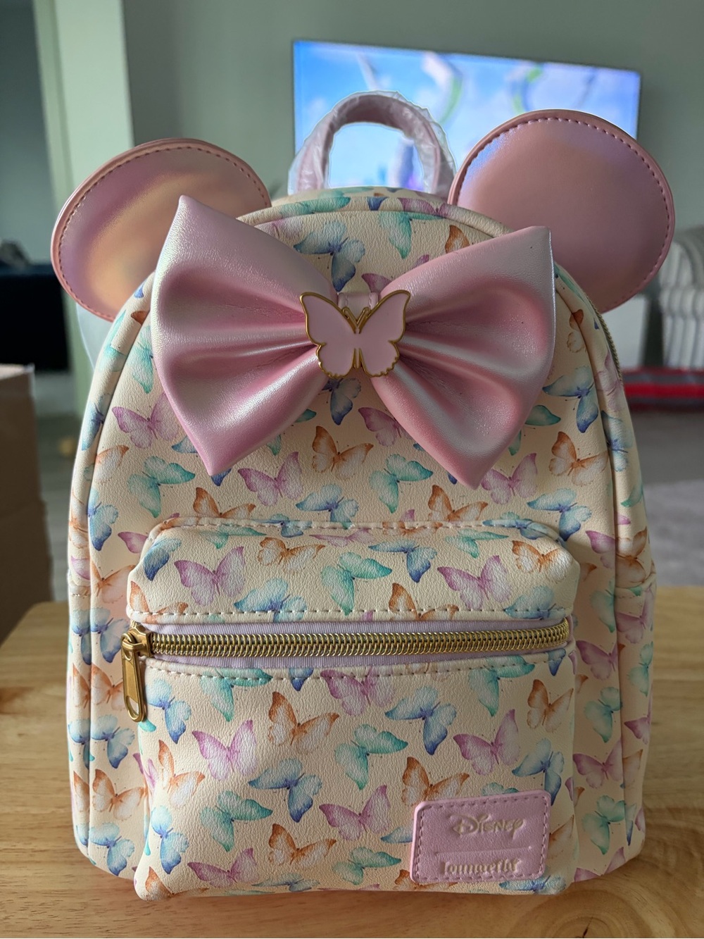 Disney Mini Backpack with Pastel Butterfly Print and Pink Bow